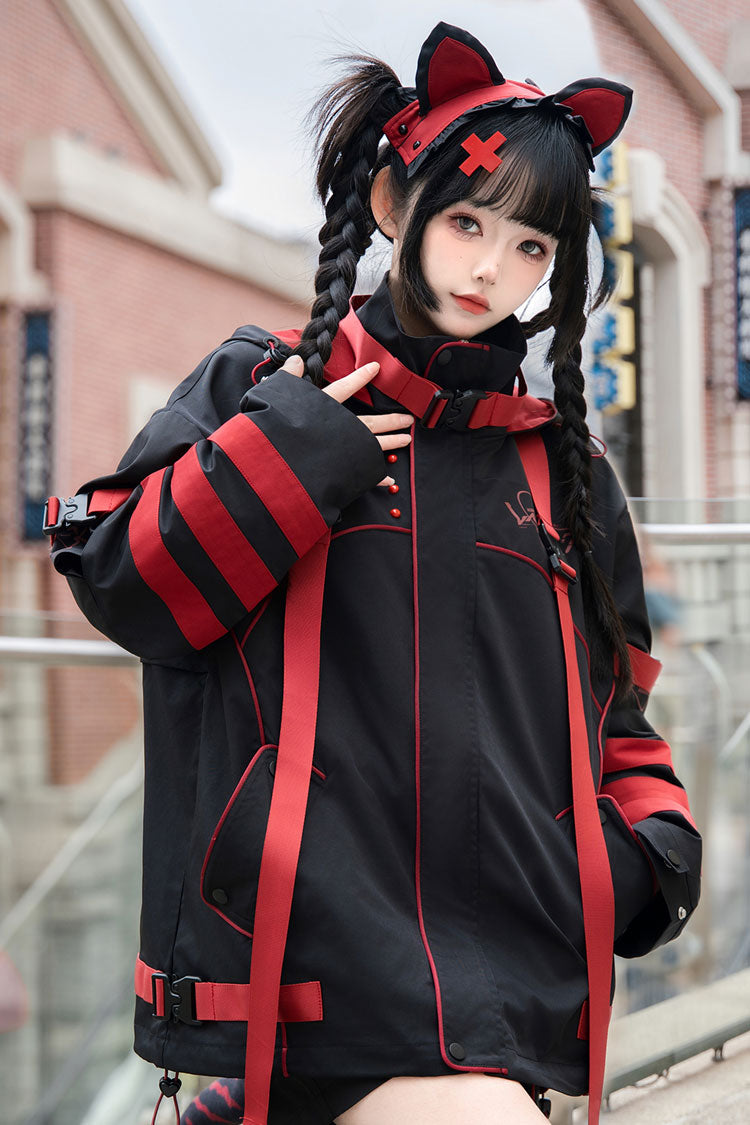 Black/Red Long Sleeves Print Cat Ears Hooded Jirai Kei Handsome Coat - Product - 8