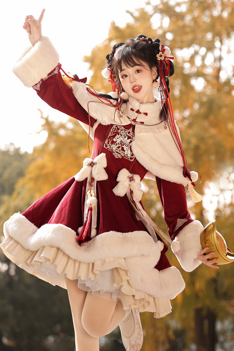 Red Long Sleeves Ruffle Embroidery Bowknot Chinese Style Sweet Lolita Hanfu Dress - Product - 8