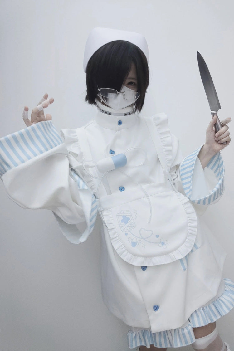 White/Blue Medical Angel Long Sleeves Print Loose Sweet Jirai Kei Japanese Set - Product - 5
