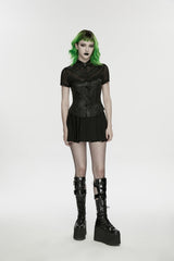 Black Lapel Collar Short Sleeves Lace-Up Mesh Eyelet Women's Punk Blouse - Product - 5