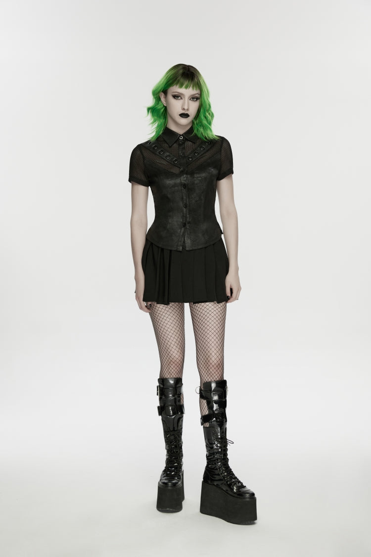 Black Lapel Collar Short Sleeves Lace-Up Mesh Eyelet Women's Punk Blouse - Product - 5