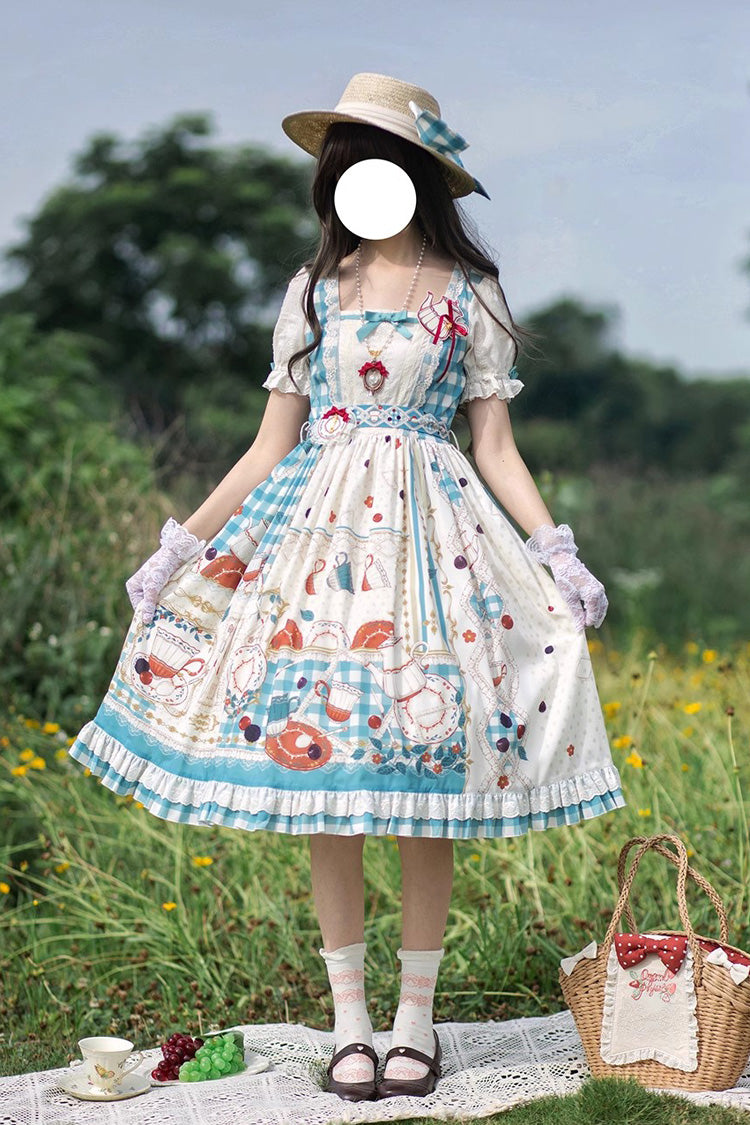 Blue/Green [Tea Party] Short Sleeves Print Ruffle Bowknot Lace Sweet Elegant Lolita Dress - Blue/Green - 1