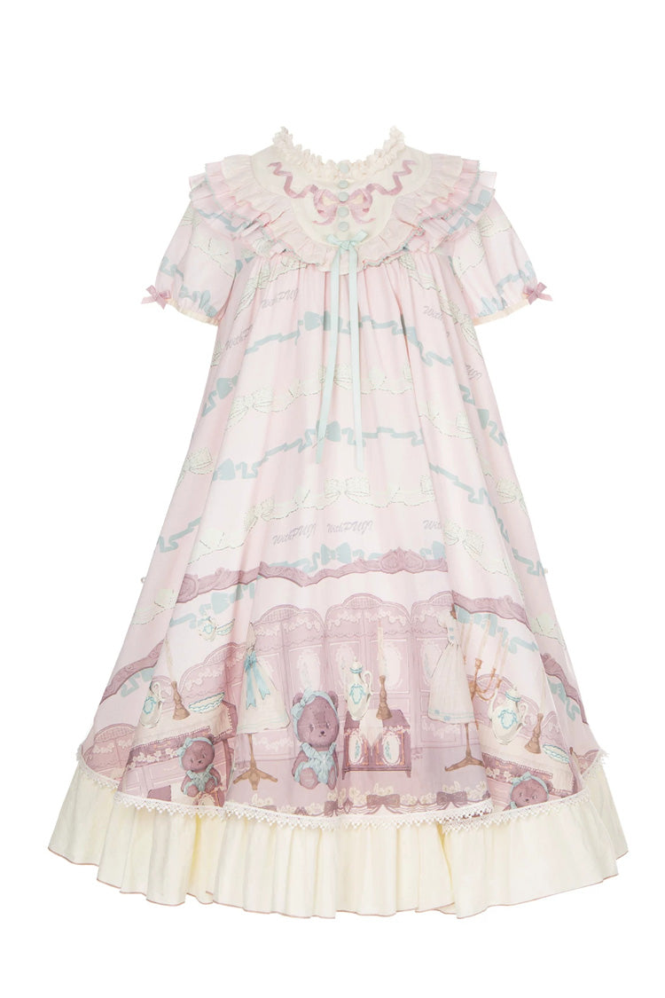Pink [Brown Dollhouse] Short Sleeves Bear Printed Ruffled Bow Sweet Lolita Dress Set - Dress(Only) - 16