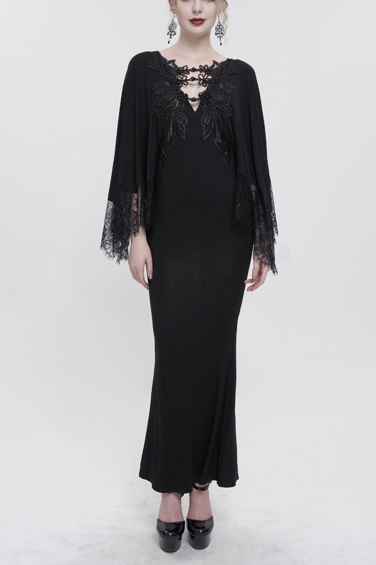 Black Deep V Neck Bat Sleeve Chest Appliqu Lace Bead Buckle Connection Small Fishtail Long Women's Gothic Dress - Black - 1