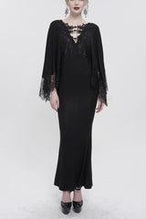 Black Deep V Neck Bat Sleeve Chest Appliqu Lace Bead Buckle Connection Small Fishtail Long Women's Gothic Dress - Black - 1