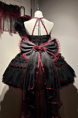 Black/Red [Layered Poem] Halterneck Sleeveless Multi-Layered Jacquard Hanayome Bow Lace Gothic Lolita Dress - Product - 5