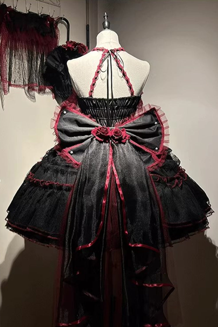 Black/Red [Layered Poem] Halterneck Sleeveless Multi-Layered Jacquard Hanayome Bow Lace Gothic Lolita Dress - Product - 5