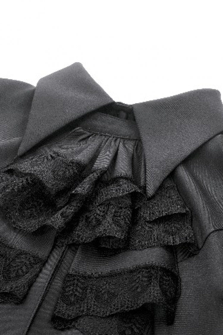 Black Point Lapel Collar Short Puff Sleeves Women's Gothic Blouse with Removable Rosette Cravat - Product - 14