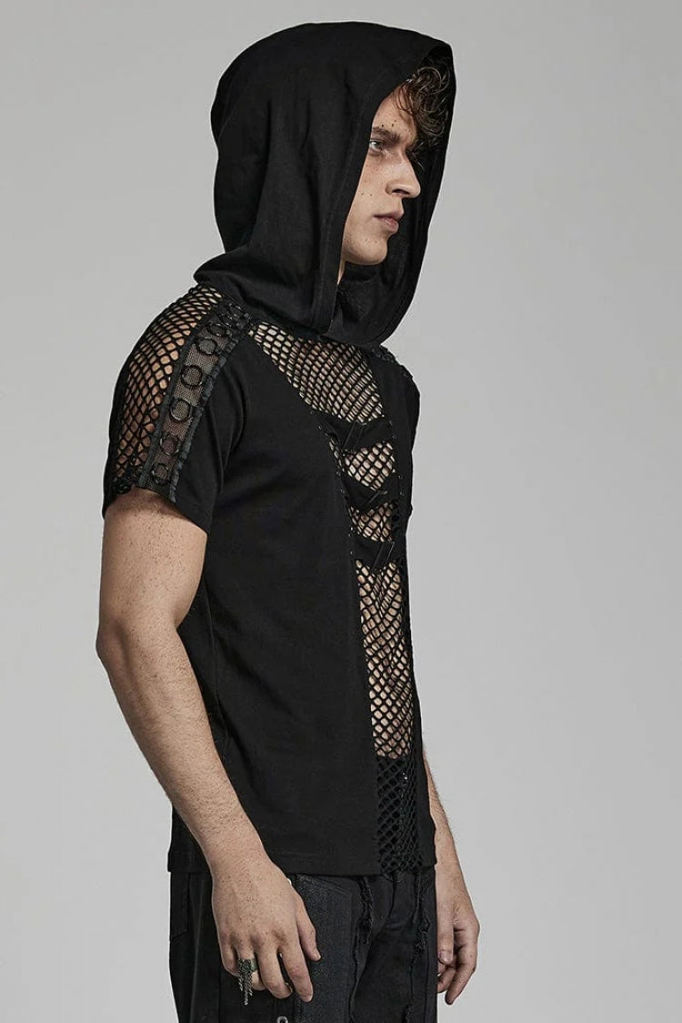 Black Short Sleeves Hollow Stitching Hooded Mesh Mens Steampunk T-Shirt - Product - 2