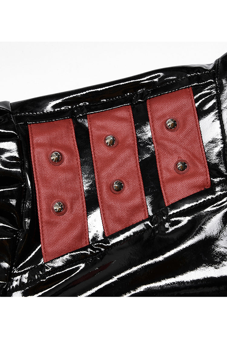 Black/Red Patent Leather Lapel Pleated Slim Fit Faux Leather Long Sleeve Punk Women's Jacket - Product - 8