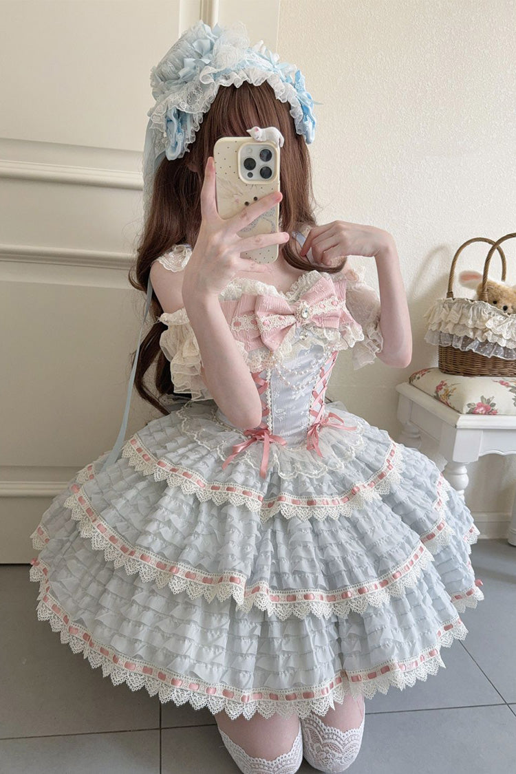 Blue Song of Floral Letters Sleeveless Triple-Layered Bowknot Lace-Up Sweet (Dress Only) detail view 2