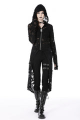 Black Long Sleeves Split Ripped Zippered Women's Punk Long Coat with Hood - Black - 1