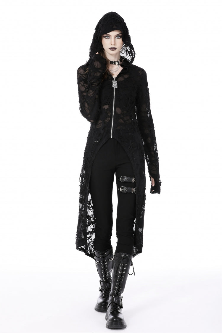 Black Long Sleeves Split Ripped Zippered Women's Punk Long Coat with Hood - Black - 1