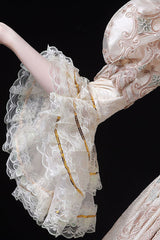 Champagne Trumpet Sleeves Lace Stitching High Waisted Hollow Embroidery Print Victorian Lolita Prom Dress - Product - 5