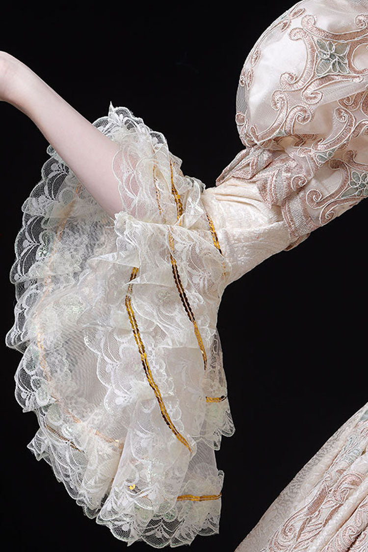 Champagne Trumpet Sleeves Lace Stitching High Waisted Hollow Embroidery Print Victorian Lolita Prom Dress - Product - 5