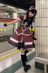 Red [Shibuya Sweetheart] Short Sleeves Plaid Print Ruffle Bowknot Sweet Lolita OP Dress (Plus Size Support) - Product - 6