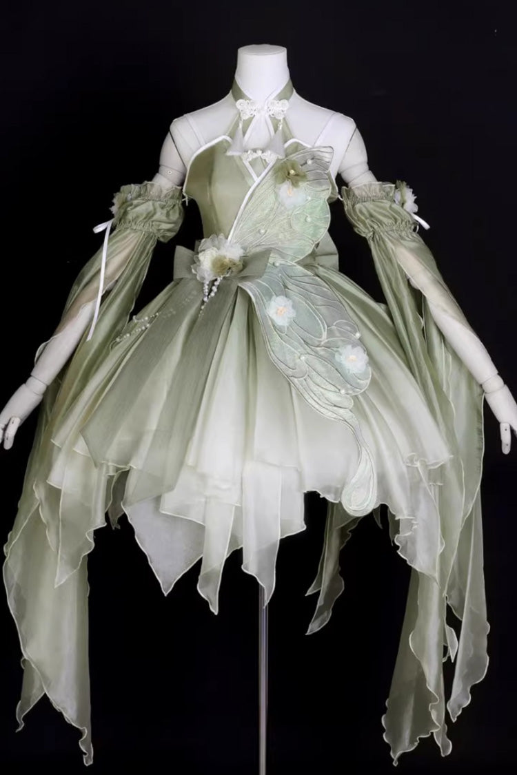 Green Halterneck Sleeveless Bowknot Lace Irregular Sweet Chinese Style Lolita Jsk Dress - Product - 3