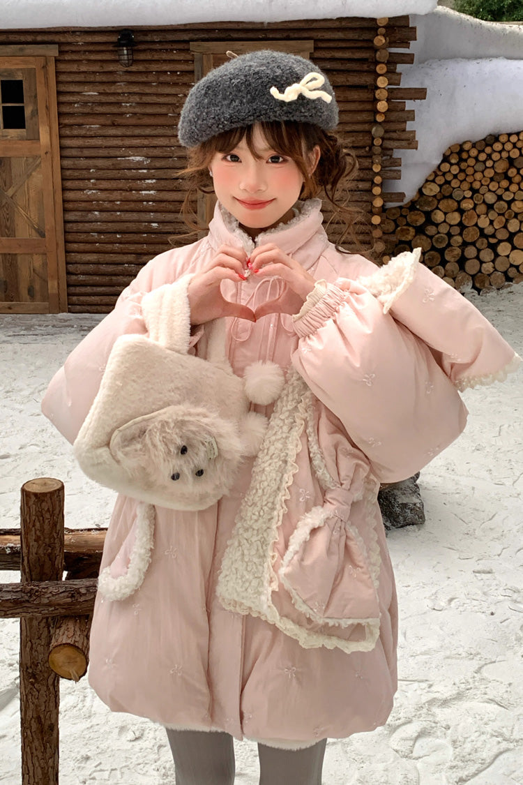 Pink Duck Down Stand Collar Long Sleeves Bowknot Sweet Lolita Coat - Product - 2