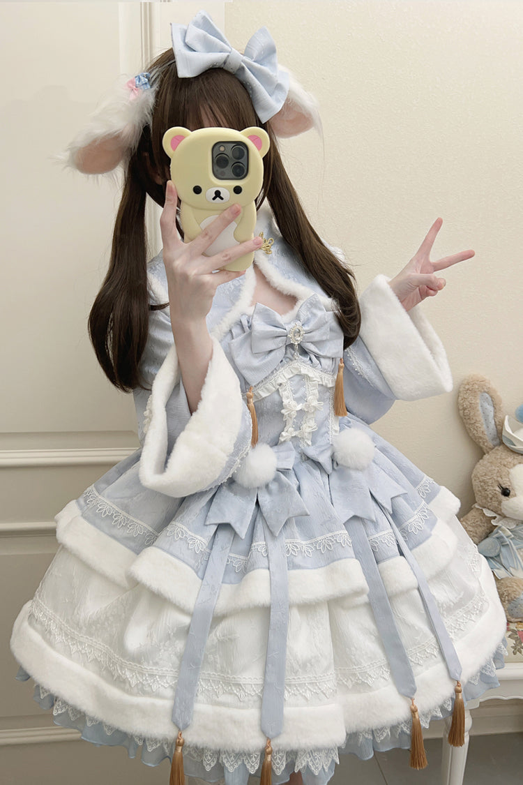 Blue [Snow Rabbit] Long Sleeves Ruffle Bowknot Fake Two Pieces Sweet Lolita Dress - Product - 4