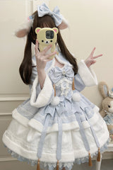 Blue [Snow Rabbit] Long Sleeves Ruffle Bowknot Fake Two Pieces Sweet Lolita Dress - Product - 4