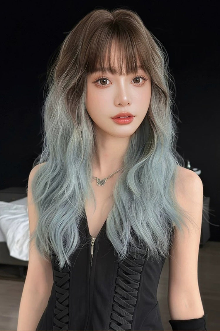 Brown to Mint Blue Ombre Romantic Air Bangs Fluffy Big Curly Sweet Lolita Full Wig detail view 5