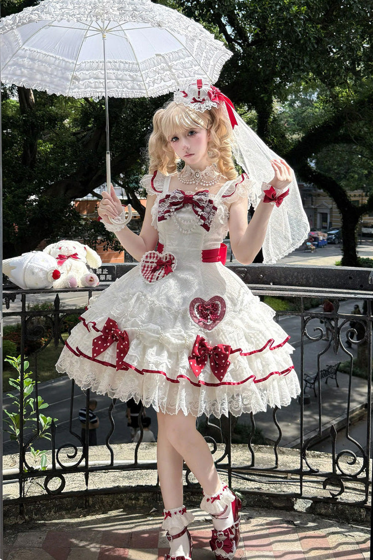 White [Polka-Dot Love Letter] Sleeveless Double-Layered Bowknot Lace Pearl Sweet Lolita Jsk Dress - Product - 12