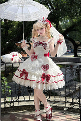 White [Polka-Dot Love Letter] Sleeveless Double-Layered Bowknot Lace Pearl Sweet Lolita Jsk Dress - Product - 12