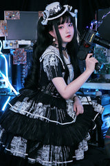 Black Short Sleeves Multi-Layered Print Ruffle Bowknot Asymmetric Punk College Style Lolita Dress - Product - 5
