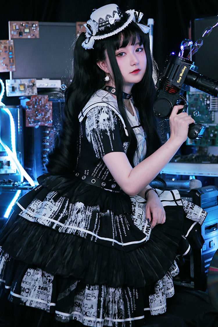 Black Short Sleeves Multi-Layered Print Ruffle Bowknot Asymmetric Punk College Style Lolita Dress - Product - 5