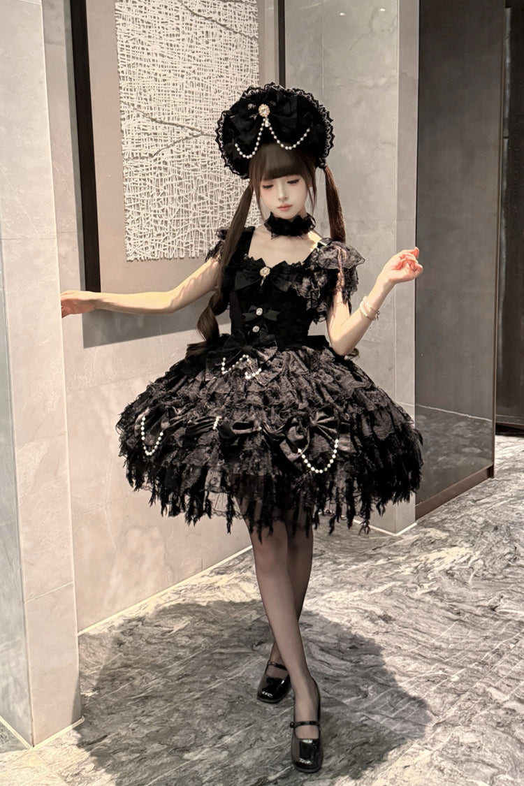 Black [Cloudborne Snowfeather] Sleeveless Multi-Layered Hanayome Bowknot Pearl Gothic Lolita Jsk Dress - Product - 4