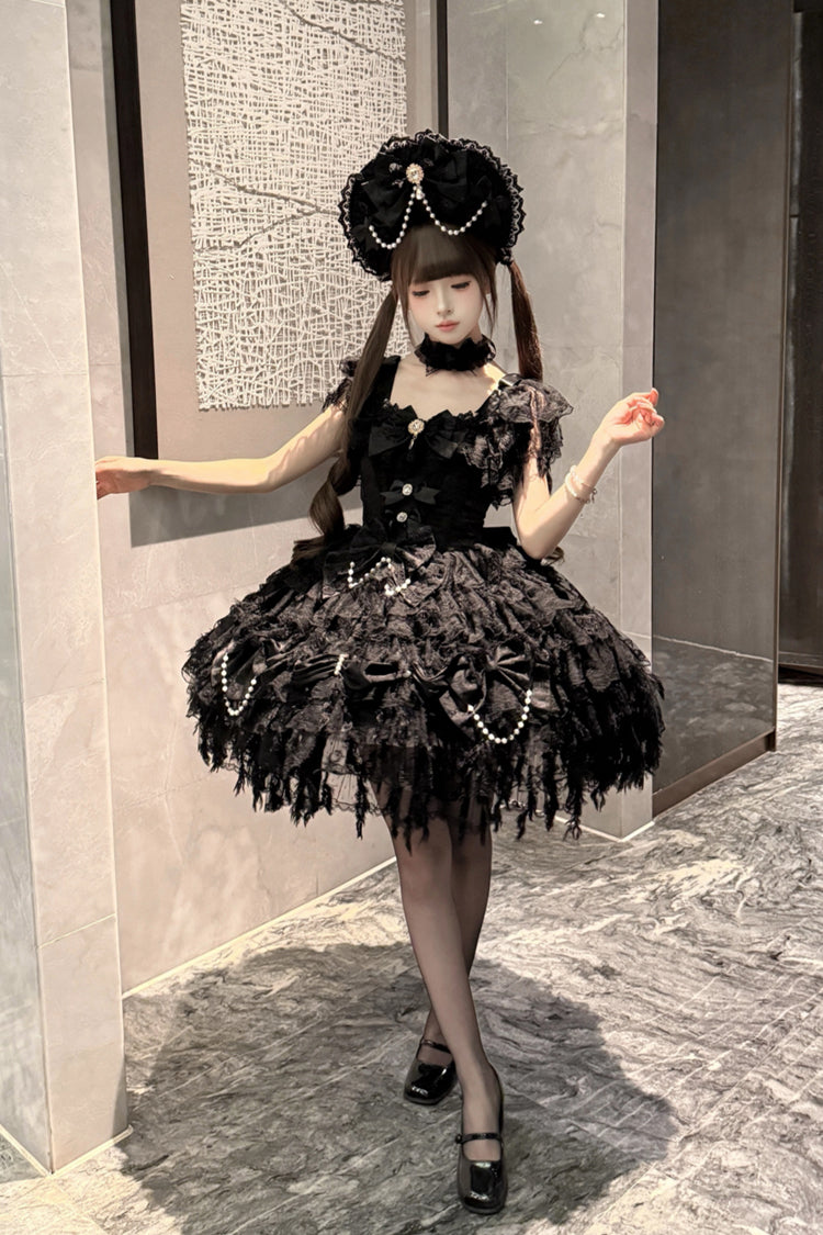 Black [Cloudborne Snowfeather] Sleeveless Multi-Layered Hanayome Bowknot Pearl Gothic Lolita Jsk Dress - Product - 4