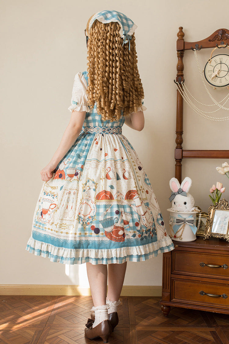 Blue/Green [Tea Party] Short Sleeves Print Ruffle Bowknot Lace Sweet Elegant Lolita Dress - Product - 10