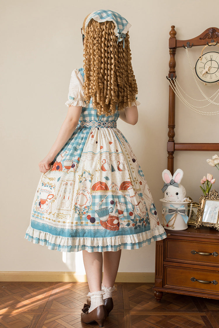 Blue/Green [Tea Party] Short Sleeves Print Ruffle Bowknot Lace Sweet Elegant Lolita Dress - Product - 10