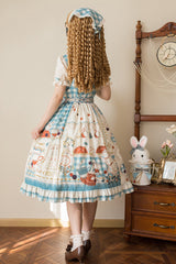 Blue/Green [Tea Party] Short Sleeves Print Ruffle Bowknot Lace Sweet Elegant Lolita Dress - Product - 10