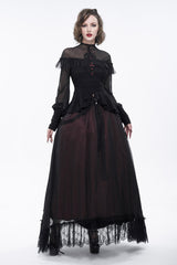 Black Retro Perspective Sexy Turtleneck Lace Panel Mesh Lantern Sleeve Women's Gothic T-Shirt - Product - 6