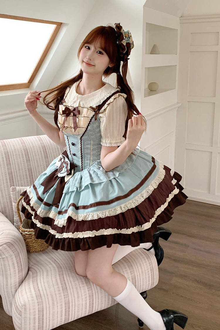 Green/Brown [Mint Chocolate] Sleeveless Triple-Layered Ruffle Bowknot Sweet Lolita Jsk Dress - Product - 15