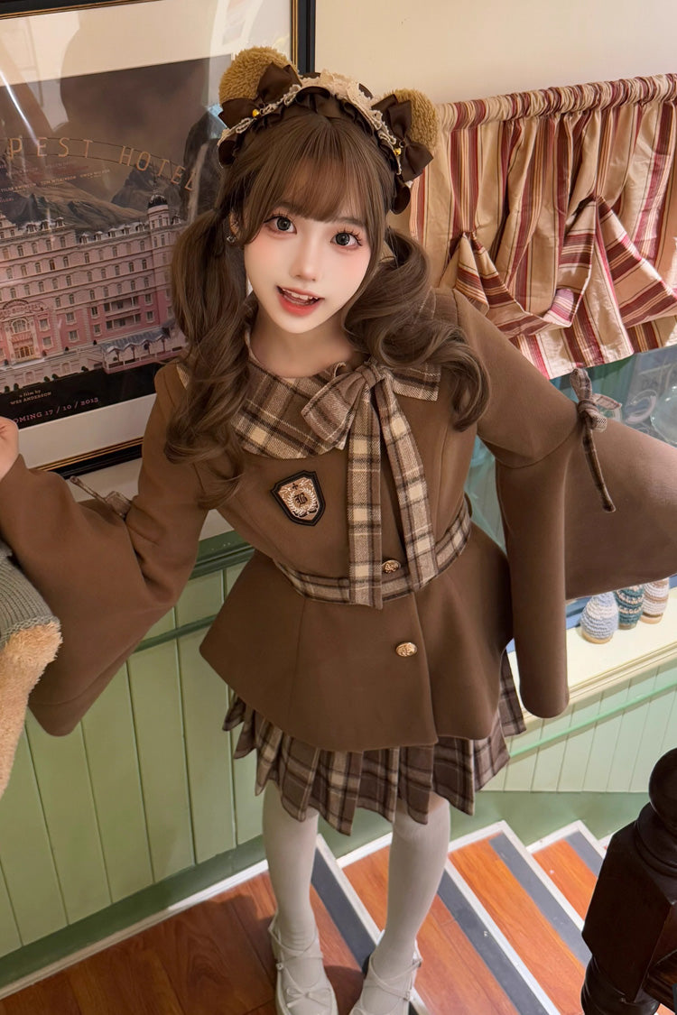 [Chestnut Sea Salt] Long Trumpet Sleeves Print Ruffle Bowknot Sweet Elegant Lolita Skirt Coat 2 Colors - Product - 4