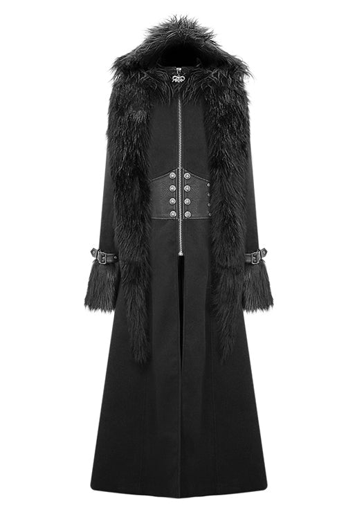 Black Double Sided Woollen Hooded Punk Mens Long Coat - Product - 5