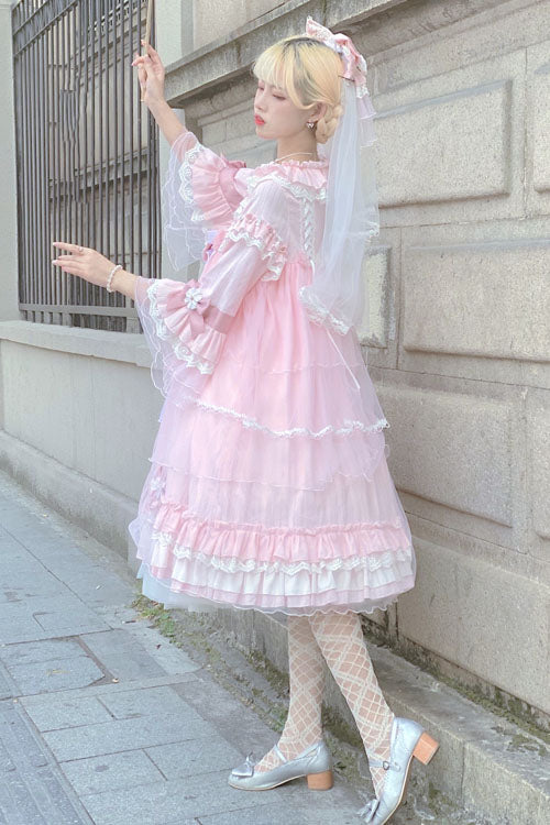 Red Bowknot Trumpet Sleeves Multi-Layer Ruffled Sweet Lolita OP Tiered Dress - Product - 2