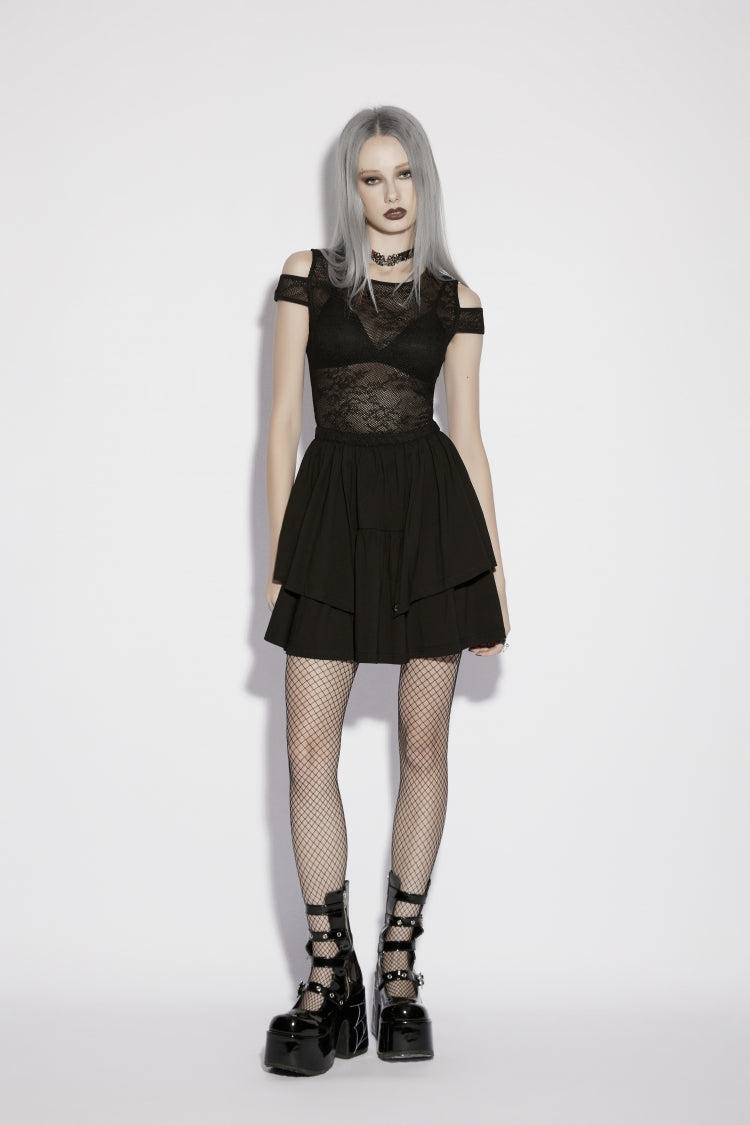 Black Off Shoulder Multi-Layered Cut-Out Spliced Slim Mesh Eyelet Women's Gothic Dress Graduation Dress - Product - 5