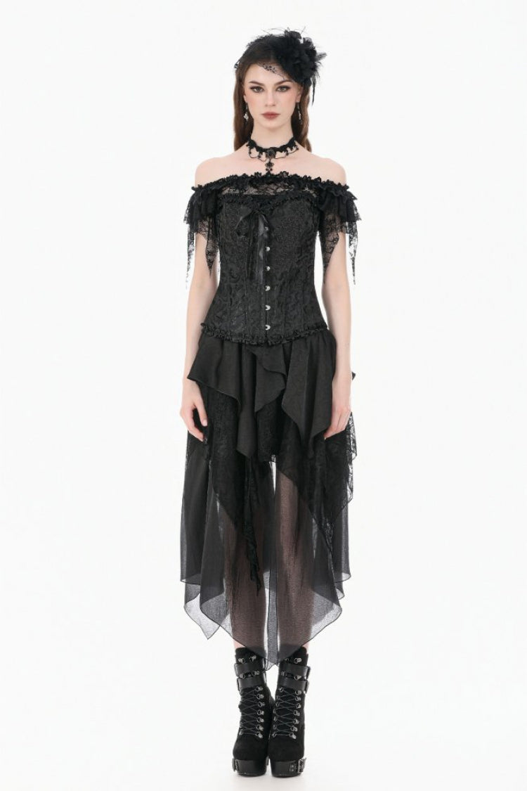 Black Jacquard Ruffled Lace Lace-Up Women's Gothic Overbust Corset - Product - 5
