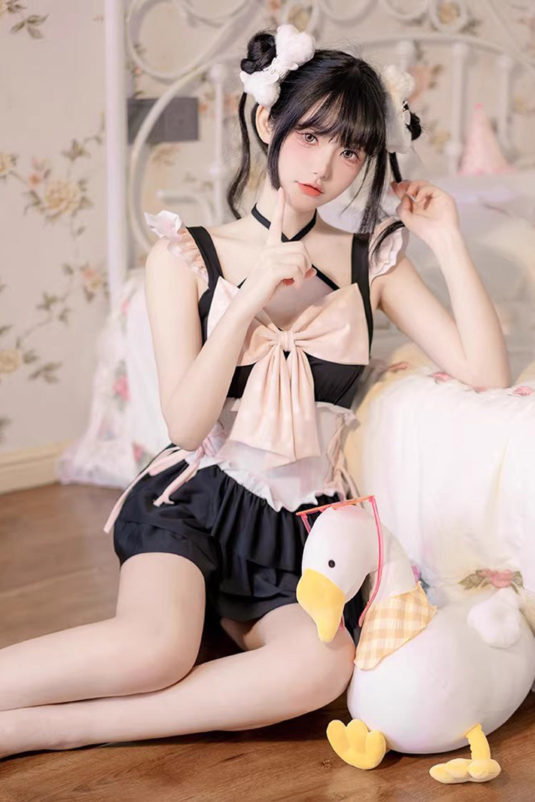 Black/Pink Summer Sweetheart Triple-Layered Ruffled Bow Sweet Lolita Bubble Swimsuit - Product - 2