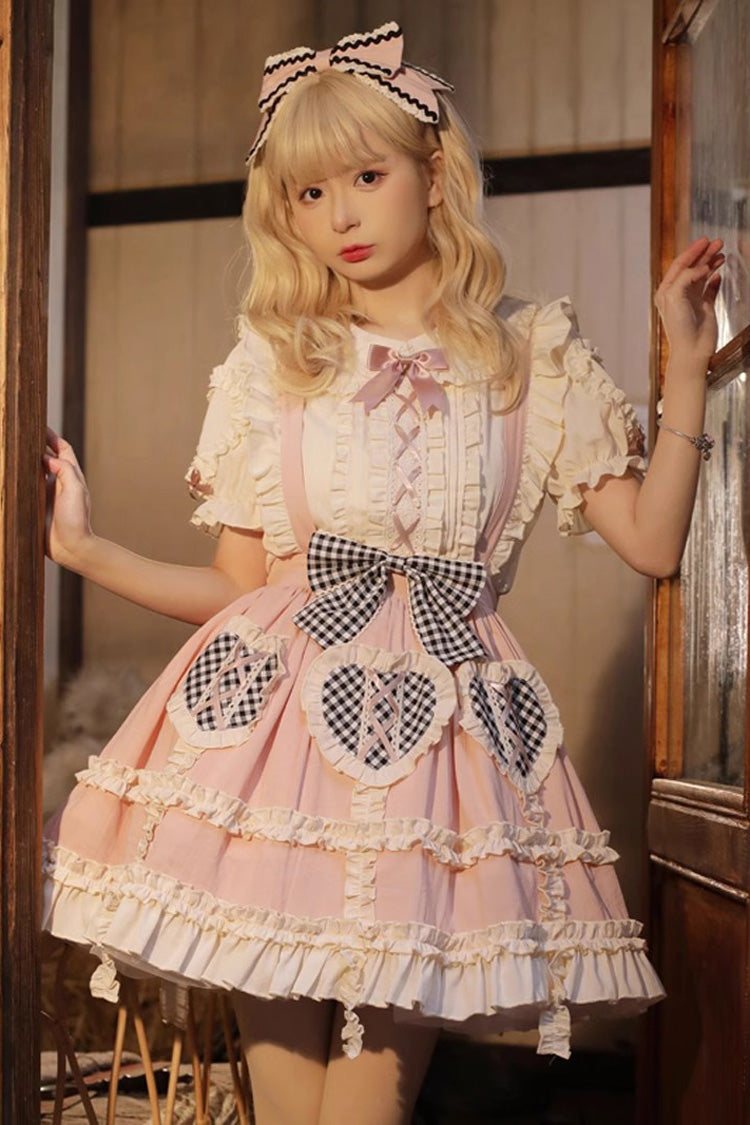 Pink Dorothy Heart Ruffle Bowknot Sweet Lolita Skirt Strap Dress - Pink - 1