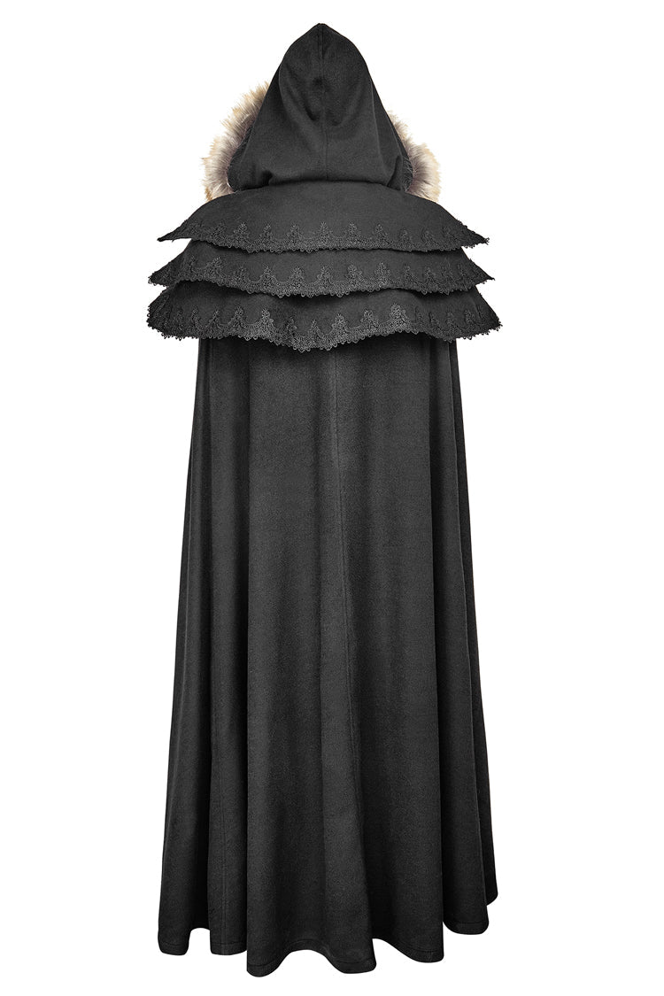 Black Hooded Fur Collar Wool Long Womens Gothic Coat Cloak - Product - 9