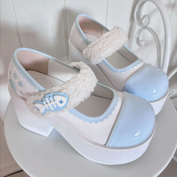 Fishbone-Style Single-Strap Buckle Sweet Lolita Platform Shoes - Blue/White - 2