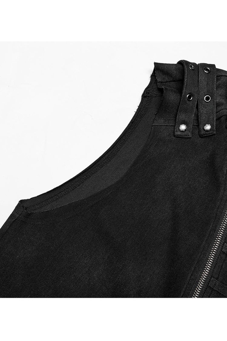Black Punk Stand Collar Anterior Middle Asymmetry Design Zipper Shoulder Decorate Webbing Men's Vest - Product - 7