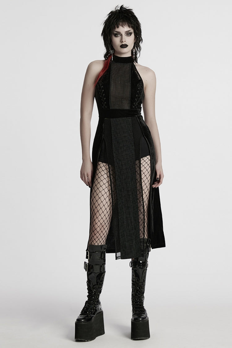 Black Halterneck Sleeveless Stitching Mesh Women's Gothic Dress - Product - 4