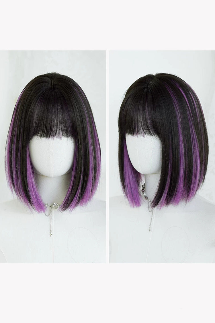 Y2K Black Base Purple Face Framing Highlights Straight Bob Sweet Lolita Wig with Blunt Bangs - Product - 6