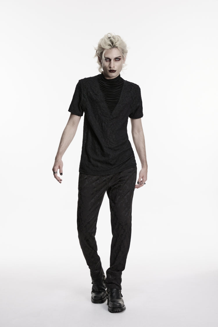 Black High Collar Short Sleeves Spliced Pleated Men's Gothic Shirt - Product - 4