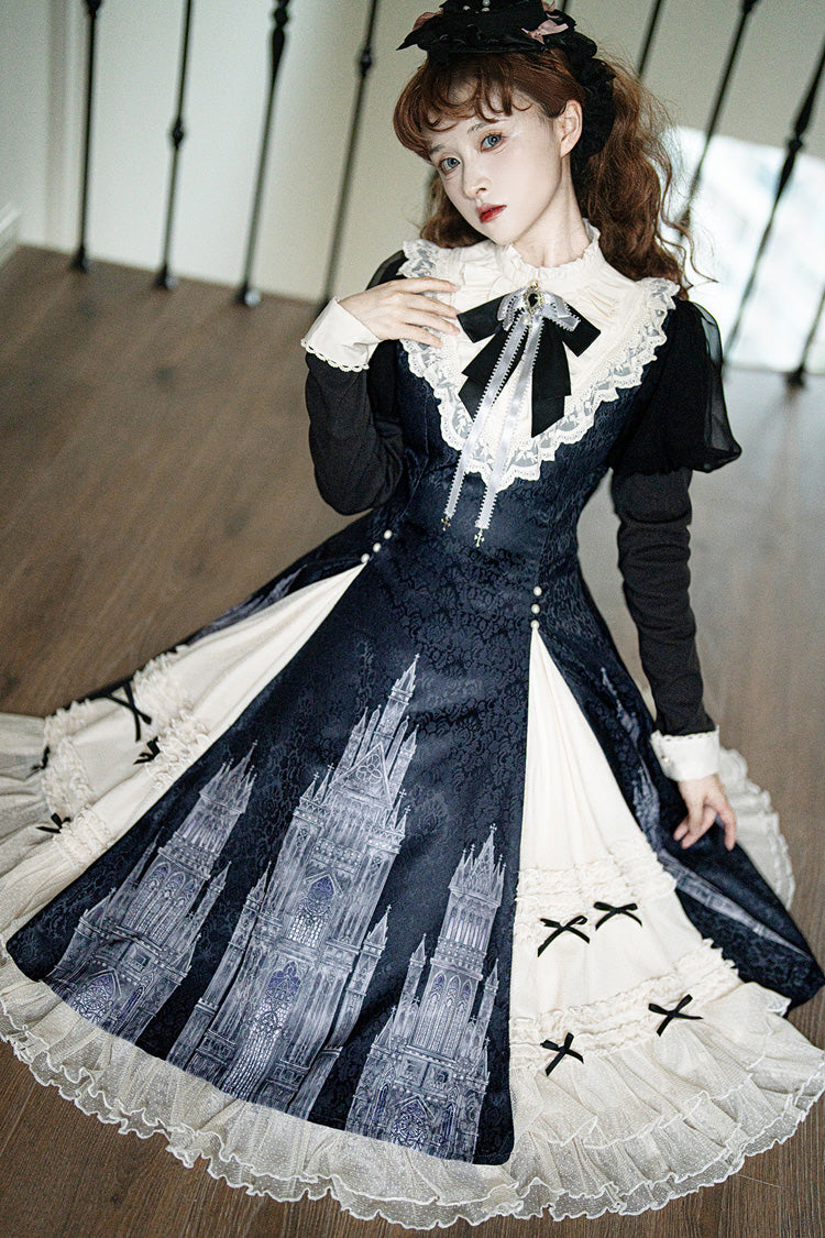 Black/White Church Bells Print Ruffle Cardigan Bowknot Gothic Elegant Lolita Dress - Product - 4